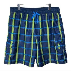 Vintage Hawaiian Plaid Swim Trunks Blue Relax Fit Cargo Shorts XL Built In Liner